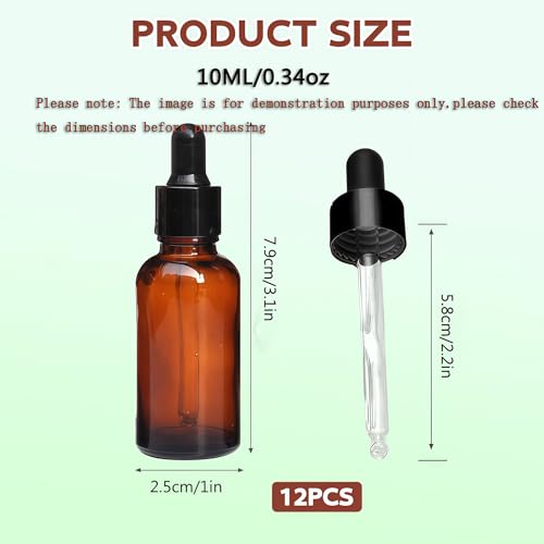 erioctry 5ML/10ML Amber Glass Essential Oil Bottles and Eyed Dropper Black Caps Makeup Cosmetic Sample Container Boxes of Glass for Essential Oil Aromatherapy Use(Pack of 12) (10ML) - size: 10ML