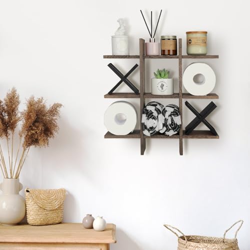 Weysat Tic Tac Toe Toilet Paper Holder Stand Bathroom Wall Decor Rustic Wooden Hanging Storage Freestanding Wall Mounted Shelves Decor for Toilet Tissue Farmhouse - color: Brown, Black
