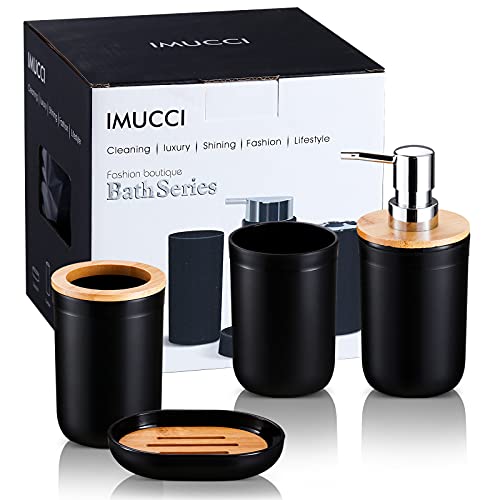 iMucci Bathroom Accessories Set 5Piece Black Bathroom Sets, Toothbrush Holder, Toothbrush Cup, Lotion Soap Dispenser, Soap Dish and Qtip Holder Bathroom Decor - style: Black