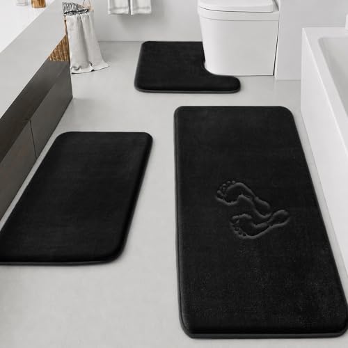 HUXMEYSON Bathroom Rugs Sets 3 Piece, Non-Slip & Quick Dry Bath Mat Set, Ultra Soft Velvet Bath Rugs for Bathroom, Toilet and Shower Floor, Black - color: Black, size: 20"x32"+24"x60"+U Shape 20"x24"