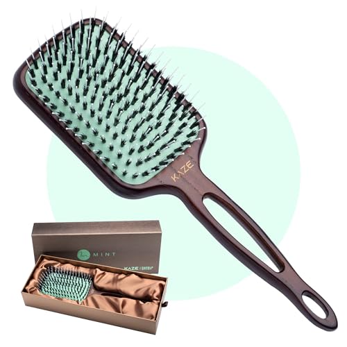 Eco-Friendly Boar Bristle Paddle Hair Brush for Women by MINT | Anti-Breakage Detangling Brush Great for Color-Treated Hair, Extensions and All Hair Types | Hand-Crafted Wooden Handle - size: 133 mm x 83 mm Paddle Brush