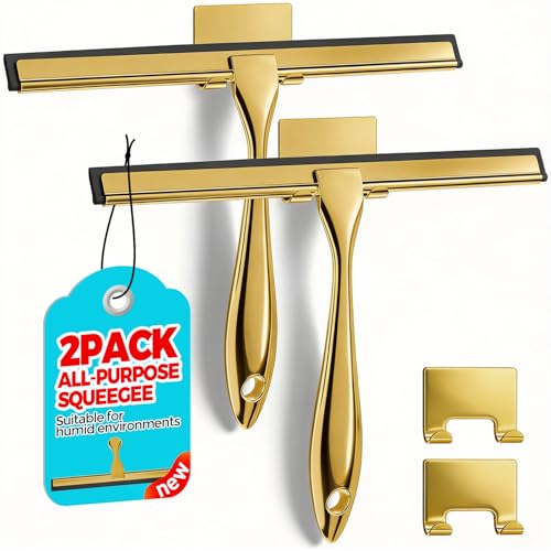 ALFLOD 2pcs Shower Squeegee for Glass Doors with Adhesive Hanging Hook Set | 10” gold, bathroom accessories, window cleaner, new home essentials, soft rubber blade, metal handle, ergonomic grip - color: Golden, size: 10 Inch