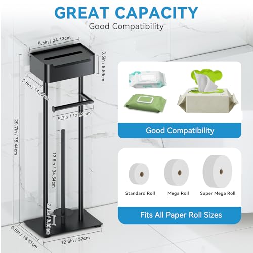Toilet Paper Holder Free Standing - Toilet Paper Stand with Shelf - Storage for 4 Rolls- Bathroom Organizers, No Drill, for Large Toilet Rolls, 29.7 inch*12.6 inch (Matte Black) - color: Black