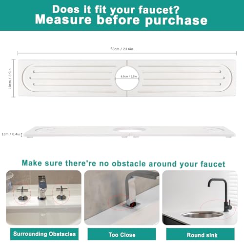 23.6" Drying Stone Faucet Mat for Kitchen Sink - Diatomite Quick Dry Splash Guard, Water Absorbent Stone Tray, Durable Protector for Bathroom Counter (White, 23.6" x 3.9")