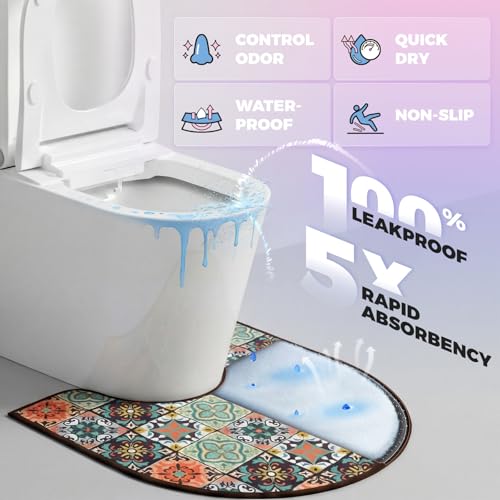 Washable Commode Potty Training Mats, Super Absorbent Reusable Toilet Training Rug for Kids, Leak-Proof & Non-Slip Adult Incontinence Toilet Mat, Bathroom Floor Protector Pads 4 Pack - color: Turkish Tile