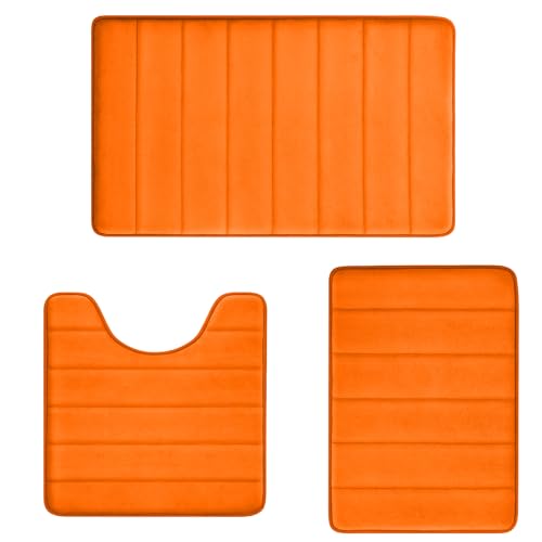 Orange Bathroom Rugs Extra Soft Memory Foam Bath Mat Sets 3 Piece Non Slip Absorbent & Dry Living Mat Sets Washable Bath Carpets with Toilet Rug,Bath Rugs for Bathroom,Tub,Shower,Kitchen,Bedroom - color: Tangerine