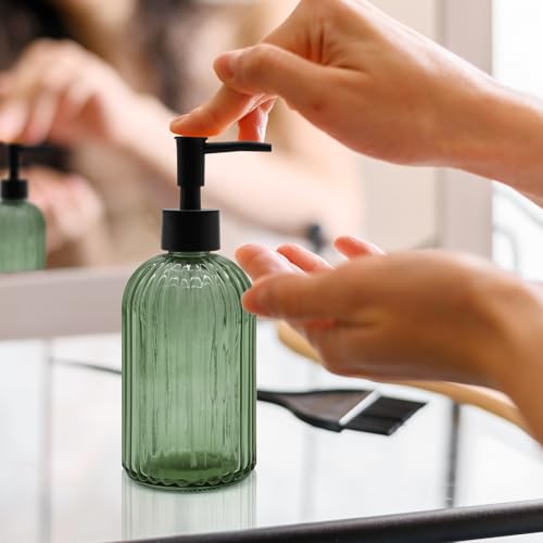 14oz Green Glass Soap Dispenser with Black Pump – Refillable for Hand Soap, Dish Soap, Lotion, Suited for Kitchen, Bathroom & Laundry Room (Olive Green) - color: Olive Green