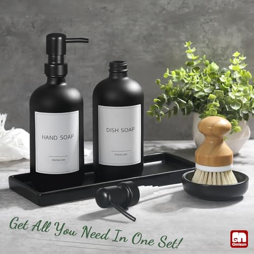 GMISUN Kitchen Soap Dispenser Set, 17 fl oz Dish Soap Dispenser with Ceramic Tray & Bamboo Brush for Kitchen, 2Pcs Matte Black Glass Hand and Dish Soap Dispenser Set, Refillable Soap Bottle Set - color: Black Bottles + Black Pumps