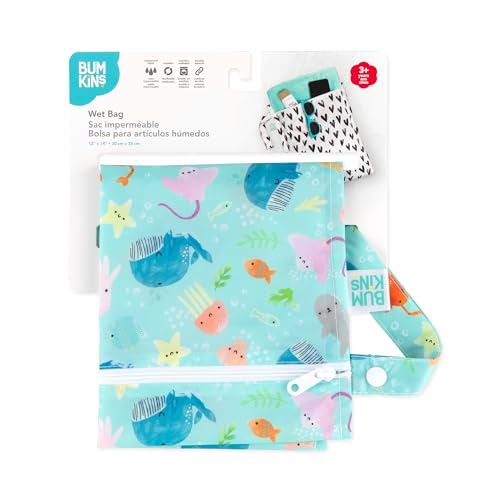 Bumkins Waterproof Wet Bag for Baby, Travel, Swim Suit, Cloth Diapers, Pump Parts, Pool, Beach, Gym Clothes, Toiletry, Hook to Stroller, Daycare, Zipper Reusable Wetdry Packing Pouch, Ocean Life Blue - color: H5 Ocean Life, style: Wet Bag
