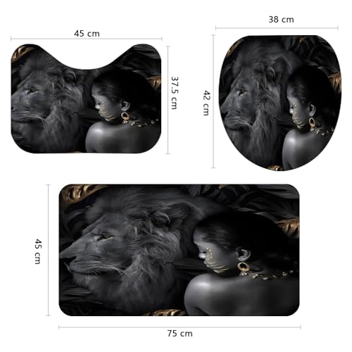 African Women and Lion Grey Shower Curtain Set with Non-Slip Rugs and Toilet Lid Cover Wildlife Safari Theme Fabric Shower Curtain Bathroom Decor with Hooks Waterproof Washable 72" x 72'' - color: Grey Black
