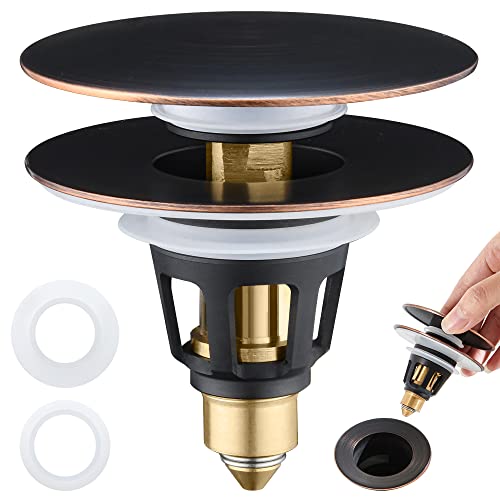 Universal 3-in-1 Bathroom Sink Stopper - Pop Up Sink Drain Stopper, Push Button Sink Drain Stopper Replacement, Wash Basin Drain Filter Plug with Anti-Clogging Strainer, Oil Rubbed Bronze - color: Oil Rubbed Bronze, style: Large Cover