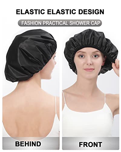 YIZIJIZI Terry Lined Shower Cap, Triple Layer Large Cap for Women, Reusable Waterproof for Long Thick Hair, Black - color: Black