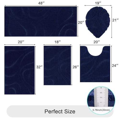 HEBE Bathroom Rugs Sets 5 Piece, Soft Absorbent Microfiber Bath Mat for Bathroom, Non Slip Washable Bath Rug Set with Toilet Cover, Bath Runner and U-Shaped Contour Toilet Rug, Navy Blue - color: Navy Blue, size: 18"x26"+20"x32"+20"x48"+U20"x24"+Cover19"x