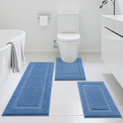 SHACOS Blue Bathroom Rugs Sets 3 Piece Bath Mat U Shaped Toilet Rug | 20x47+ 20x32+ 20x24, Soft Fluffy Microfiber Bath Rugs Set, Non Slip Washable Absorbent Bathroom Runner Floor Mats Shower Rug - color: Blue, size: 20"x32"+ 20"x47"+U Shape 20"x24"