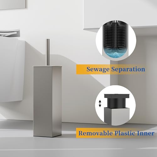 RUACQ Toilet Brush and Holder Set 2pcs,Square Toilet Bowl Brush for Bathroom with 304 Stainless Steel Handle Toilet Cleaner Brush with Durable Scrubbing Bristles,Splash-Proof (Brushed Nickel) - color: Brushed Nickel, size: 2 packs