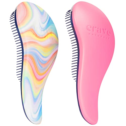 Crave Naturals Glide Thru Detangler Brush Pack of 2 - Curly Hair Brush for Women and Kids - Wet and Dry Comb for Adults - Soft Flexible Bristles for Gentle Use - Pink and Soft Hazy Swirl - color: Soft Hazy Swirl & Pink, size: 2 Pack (Regular)