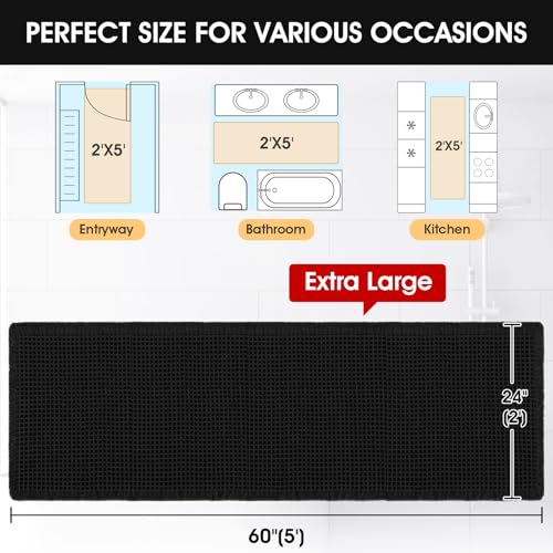 Accumtek Extra Large Waffle Bath Mat, 5'x2' Black, Super Absorbent Non-Slip Quick Dry Bathroom Rugs with Tassels, Machine Washable Ultra Soft Boho Bath Rugs for Floor, Toilet Mats Boho Farmhouse Decor - color: Black, size: 2' x 5' (Runner)