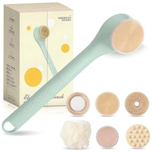 Electric Body Bath Brush, Rechargeable Back Scrubber for Shower, Long Handle Exfoliating Bath Brush for Shower, Lotion Applicator for Back, Silicone Body Scrubber with 6 Shower Brush Heads