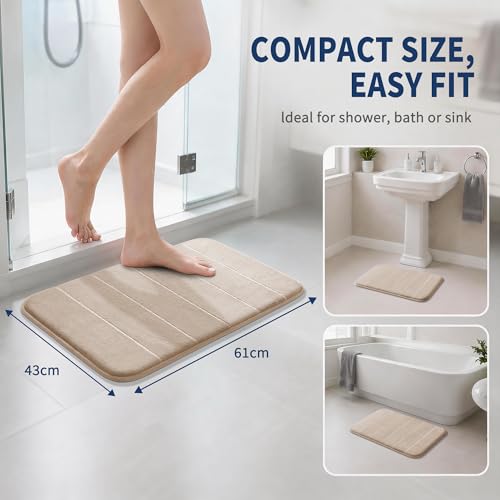 Yimobra Memory Foam Bath Mat, Soft Absorbent Bathroom Rug, 24x17, Beige | Non Slip Backing, Quick Dry, Machine Washable Bath Rug for Tub & Shower Areas, Durable Design That Complements Bathroom Decor - color: Beige, size: 24" X 17"