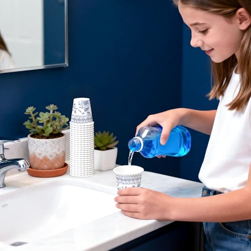 WRAPAHOLIC 3oz Paper Cups - 100 Pack Disposable Bathroom Cups with Sketch Blue Floral Design, Small Mouthwash Cup for Toothbrush Rinse, Home Bathroom, Picnic, BBQ, Travel and Party - color: Blue Flower