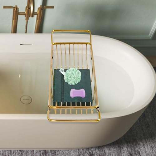Expandable Bathtub Tray, Stainless Steel Bath Table Tray with Marble Board, Modern Luxury Bathtub Shelf for Bathrooms, Kitchen Sink (Gold + Green) - color: Gold + Green