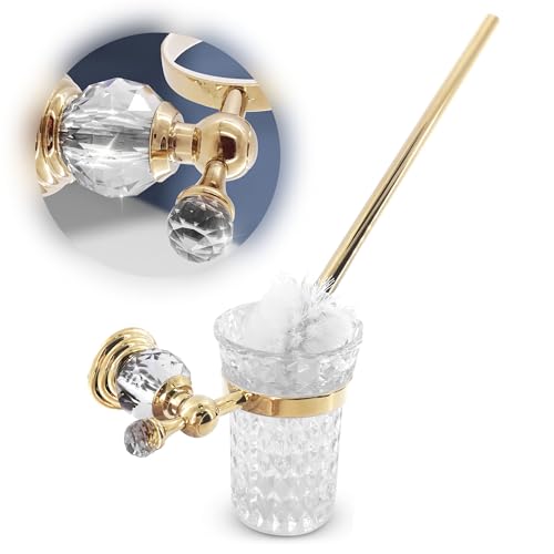 Gold Stainless Steel Toilet Brush with Crystal Toilet Brush Holder Set – Wall Mounted Holder, Replaceable Head, Decorative Space-Saving Design Bathroom Toilet Accessory Elegant Toilet Bowl Cleaner Set - color: Gold Glass