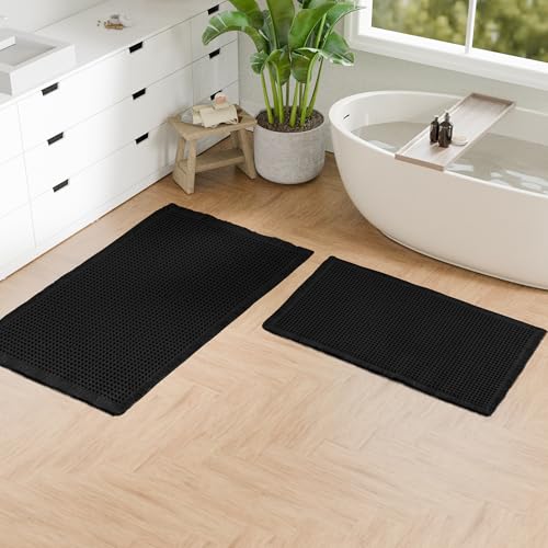 Hiasan Set of 2 Waffle Bath Mat, Super Absorbent Non Slip Bathroom Boho Rug with Tassels, Machine Washable Bath Mats for Bathroom, Ultra Soft Rubber Backed Rug, Black, 20" x 32" + 24" x 48" - color: Black, size: 20" x 32" + 24" x 48"