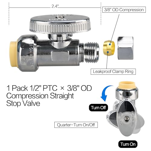 10pcs Straight Stop Valve, 1/2" PTC Input, 3/8" OD Compression Output | for Kitchen, Faucet, Toilet Valves - size: 10×Straight