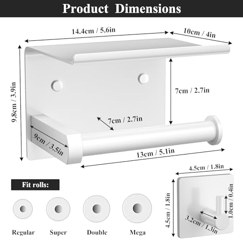 Tindbea Toilet Paper Holder with Phone Shelf + Towel Robe Hooks, Adhesive or Screw Wall Mounted Toilet Paper Roll Storage Dispenser, Stainless Steel Bathroom Tissue Roll Holder (White) - color: White, size: Regular