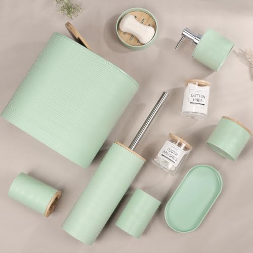 IMAVO Bathroom Accessory Set-11Pcs Green Bathroom Accessories Set with Trash Can,Soap Dispenser,Soap Dish,Toothbrush Holder,Toothbrush Cup,Toilet Brush Holder,Qtip Holder Dispenser with Labels - color: Green, size: 11 PCS Bathroom Set