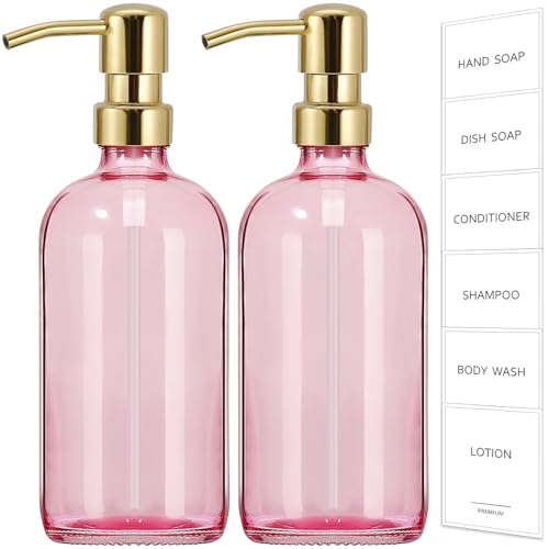 GMISUN Pink Soap Dispenser Bathroom, 2 Pack Kitchen Hand and Dish Soap Dispensers Set, 17 Fl Oz Pink Glass Soap Dispenser with Gold Pump, Refillable Modern Farmhouse Liquid Soap Pump Bottles - color: Pink Bottle + Golden Pump