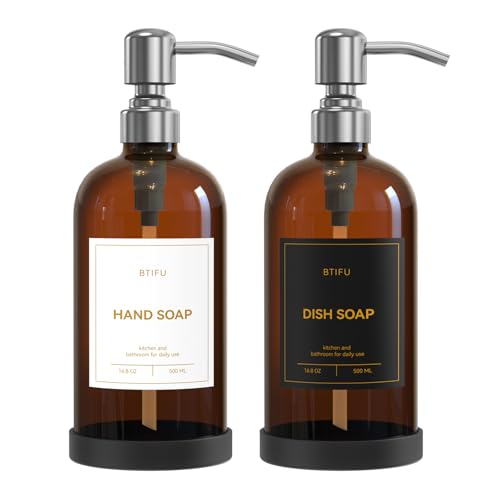 Kitchen Soap Dispenser Set – 16.8oz/500ml Glass Hand and Dish Soap Dispenser with Stainless Steel Pumps & Non-Slip Silicone Base, Luxury Countertop Decor for Home, Airbnb, Spa (Amber & Silver) - color: Amber & Silver