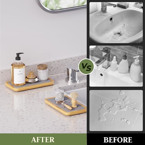 Water Absorbing Stone Tray for Sink, Kitchen Sink Caddy Organizer, Diatomite Bathroom Vanity Counter Tray, Soap Dispenser Sponge Holder, Fast Drying Stone Faucet Mat with Bamboo Tray - color: Dark Gray