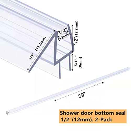 Shower Door Bottom Seal with Sweep 2Pack, 39"(990mm) Length PVC Clear Strips for 1/2"(10mm) Thick Frameless Glass Door, to Stop Water Leaking - size: 1/2"(12mm), 2-Pack, 39" Long