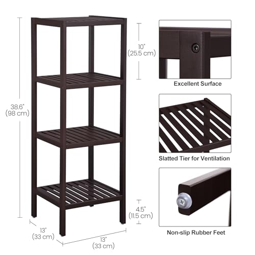 SONGMICS Bamboo Storage Shelf, 4-Tier Shelving Unit, Multifunctional, in the Entryway, Bathroom, Living Room, Balcony, Kitchen, 13 x 13 x 38.6 Inches, Brown UBCB54C - color: Brown, size: 4 Tiers (13"D x 13"W x 38.6"H)