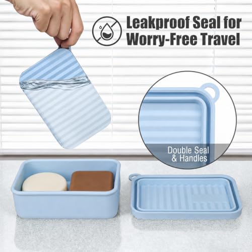 AIDIMMING Oversized Silicone Soap Holder for Two Bars of Soap with lid – Leak Proo, Large Capacity, Durable, Impact-Resistant, Stain-Resistant, Fit Shampoo and Conditioner Bar Set (Light Blue) - color: Light Blue