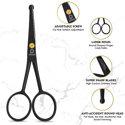 DEMAXA 4.5" Round Tip Safety Mustache Scissors Beard Scissors with 1 Mustache Comb, 1 Beard Comb & Soft Pouch – Best Facial Hair Shears for Beard Mustache Trimming Nose & Ear Hair - color: 4.5" Round Tip Black