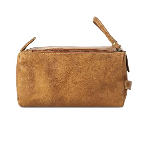 KomalC Premium Buffalo Leather Toiletry Bag for Men & Women With Water resistant Lining, Grooming Travel Pouch, Unisex Wash Bag for Toiletries, Gifts for Men and Women - color: Distressed Yellow Tan
