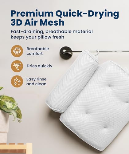 Everlasting Comfort Luxury Bath Pillow for Tub – Quick-Dry 4D Mesh – White | Head/Neck/Back Support, Non-Slip Suction Cups, Machine Washable, Drying Hook, Bath/Spa/Jacuzzi Essentials - color: White, size: Large