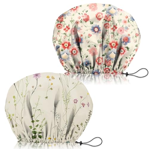 2 PCS Shower Cap Adjustable Reusable Double Waterproof Layer Elastic Hair Bath Cap Cute Aesthetic for Women Girls-Floral - color: I11-Floral