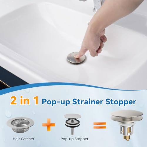 Universal Metal Bathroom Sink Stopper Hair Catcher Strainer, Brushed Nickel | Pop-Up Sink Drain Strainer with Detachable Filter, Drain Plug Fits 1.1"-2.36" US Basin, Large Cover Cap, Brass Bounce Core - color: Brushed Nickel