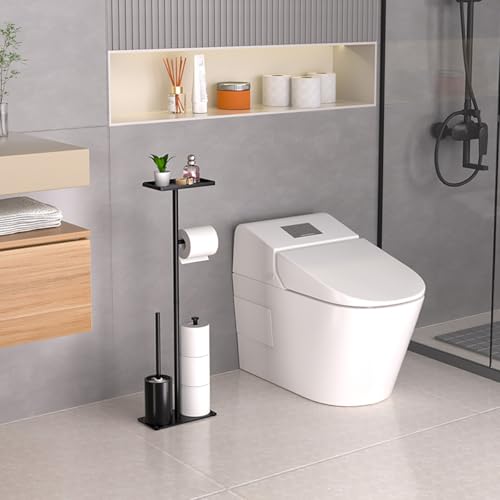 Modern Bathroom Toilet Paper Holder Stand, Black Metal, with Storage Shelf, Brush Holder, 3-Roll Storage, Freestanding Design
