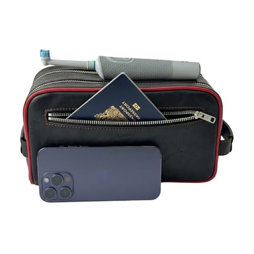 Men's Toiletry Travel Bag, Premium PU Leather Travel Kit, Metal Zippers & Bottom Studs, Velvet Dust Bag & Shape-Retention Packaging/Gift Ready For Groomsmen, Anniversary, Birthday Gifts BLACK/BURGUNDY - color: BLACK/BURGUNDY