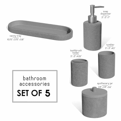 Clara Clark Bathroom Set - Grey Bathroom Accessories Set, 5PC Bathroom Accessory Set, Bathroom Sets with Soap Dispenser, Toothbrush Holder, Tumbler, Cotton Swab Jar & Vanity Tray - color: Grey, size: Basic Set