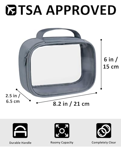Moyad TSA Approved Toiletry Bag Clear Quart Size Travel Bags Makeup Bag | Large Opening, for Men and Women, Carry on Airline Compliant, Transparent Liquids Pouch, Grey - color: Grey, size: 2 Pack, Handle