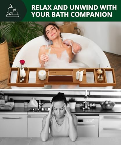 ROYAL CRAFT WOOD Premium Foldable Bathtub Tray Caddy - Wood Bath Tray for Tub, Bamboo Shelf, Expandable Bath Table Trays, Bathtub & Bathroom Accessories for New Home & Mothers, Birthday Gifts for Mom - color: Brown