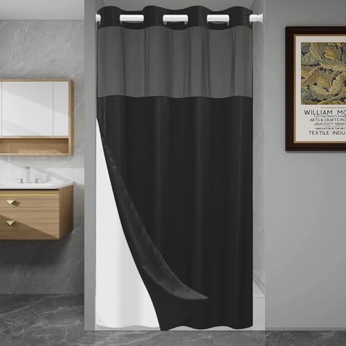 SORTTO No Hook Shower Curtain with Snap in Liner Set Waffle Shower Curtain for Bathroom Hotel Style Fabric Waterproof Inner Liner，54" W x 80" H, Black - color: A - Black, size: 54"W x 80"L (Pack of 1)
