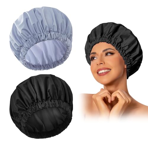 Reusable Shower Cap for Women, Large Waterproof Shower Bonnet Washable Elastic Band Bath Accessories Hair Hat for Long Hair, Braids(Black&Gray) | Washable Design, Wide Elastic Band, Large Fit, Holds Long Hair, Braids Friendly, Bath Accessories, Spa, Trave