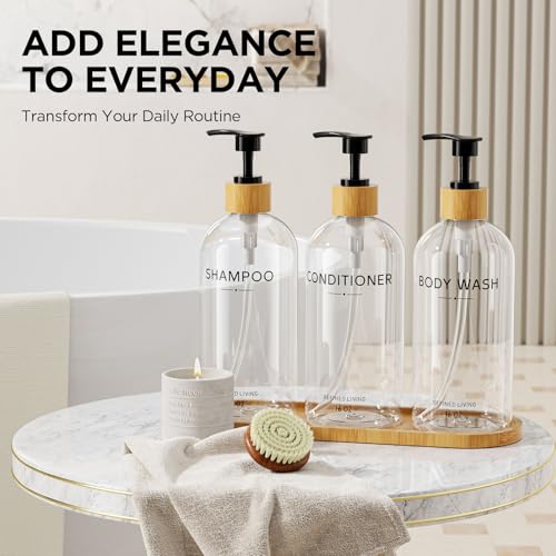 Shampoo and Conditioner Dispenser Set,Shower Soap Dispenser for Bathroom,Refillable Shampoo and Conditioner Bottles with Bamboo Pump and Tray,Soap Dispenser Bathroom for Shower (Transparent, 3-Pack) - color: Transparent