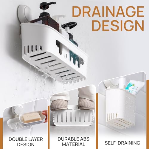 LEVERLOC Shower Caddy Suction Cup Set Shower Organizer & Soap Holder & Toothbrush Holder, Bathroom Shelf Basket NO-Drilling, Removable Suction Storage Waterproof Bathroom Caddy, White - color: White